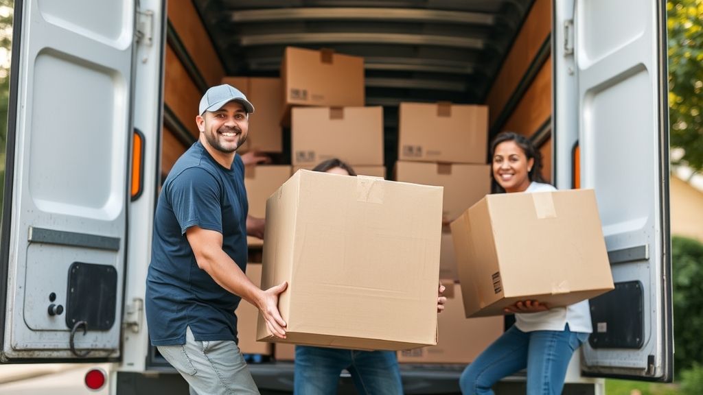Smiling movers loading boxes into a truck